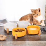 Ceramic Cat Dog Single and Double Serving  Bowl Dish with Wood Stand No Spill Pet Food Water Feeder Cats Small Dogs Pet Bowl Variety of Colors Available