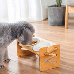 Bamboo Double Bowl Feeding Stand with 2 Ceramic Bowls for Dogs Cats Puppies. Also, Has Tilt Feature for Pets Proper Neck Alignment