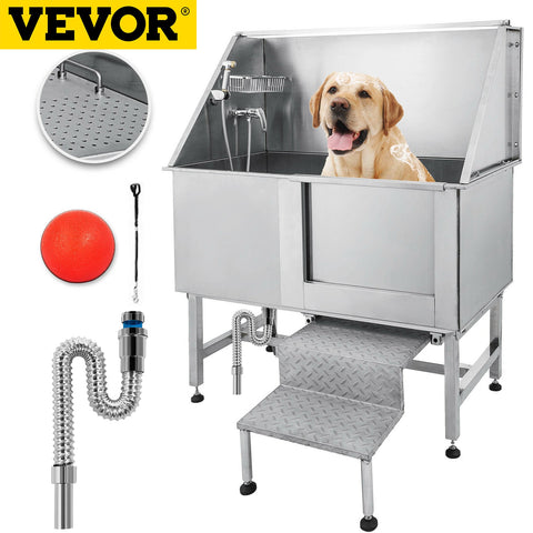 VEVOR 62 Inch Dog Grooming Tub Professional Stainless Steel Pet Dog Bath Tub With Steps Faucet and Accessories Dog Washing Station