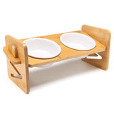 Bamboo Double Bowl Feeding Stand with 2 Ceramic Bowls for Dogs Cats Puppies. Also, Has Tilt Feature for Pets Proper Neck Alignment