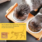 Bamboo Double Bowl Feeding Stand with 2 Ceramic Bowls for Dogs Cats Puppies. Also, Has Tilt Feature for Pets Proper Neck Alignment