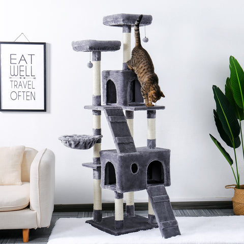 Multi-Level Cat Tree With Cozy Perches and Toys 
69" Tall Sturdy Perches and Hammock