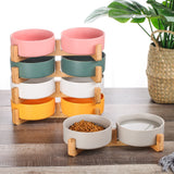 Ceramic Cat Dog Single and Double Serving  Bowl Dish with Wood Stand No Spill Pet Food Water Feeder Cats Small Dogs Pet Bowl Variety of Colors Available