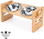 Bamboo Elevated Stainless Steel Dog Bowls with Stand Adjustable Raised and Tilted for Puppy Cat Food Water Bowls Holder Rabbit Feeder for Small Medium Pets